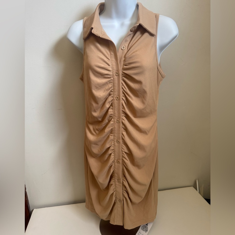 Tan Ruched Sleeveless Shirt Dress